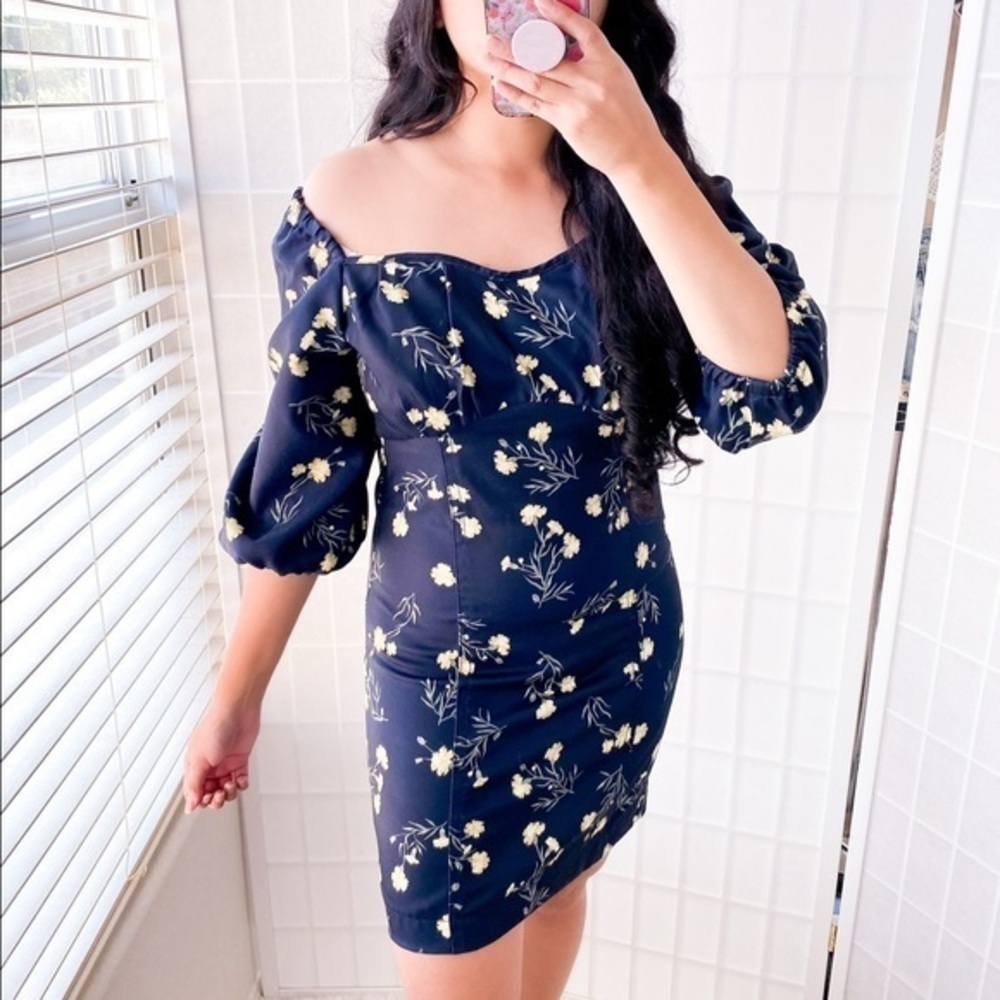 LEA & VIOLA Navy Blue & Yellow Floral Puff Sleeve Sweetheart Neckline Mini Dress